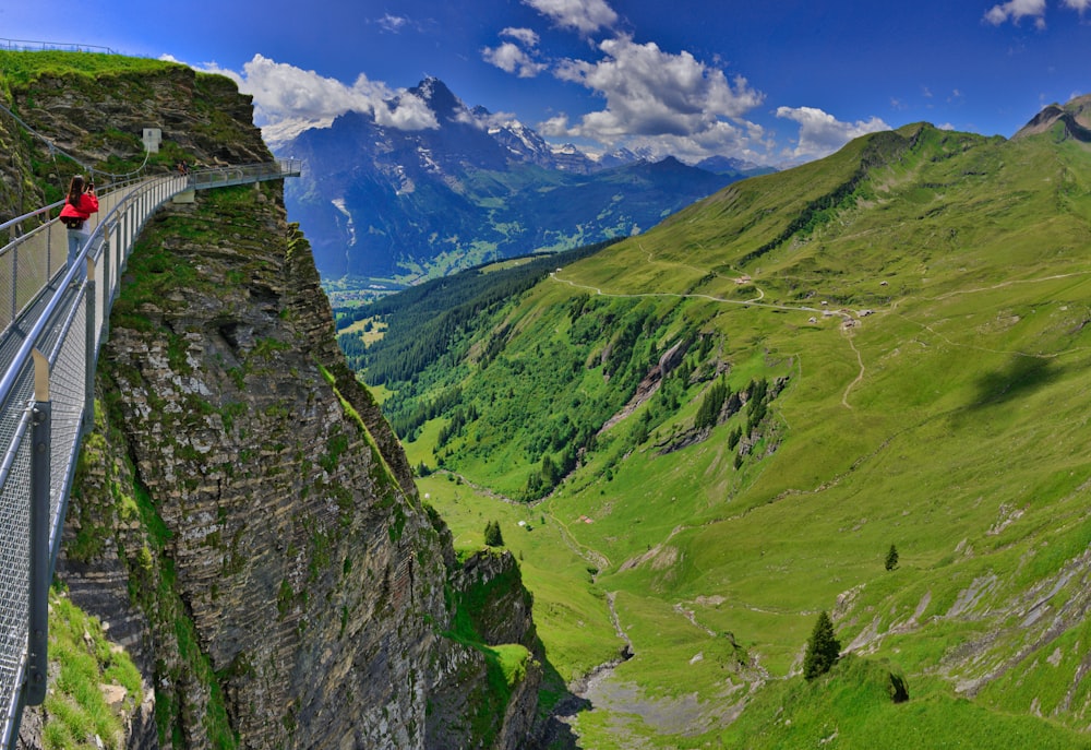 a person walking on a bridge over a river in a valley