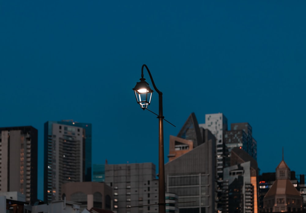 a city skyline with a street light