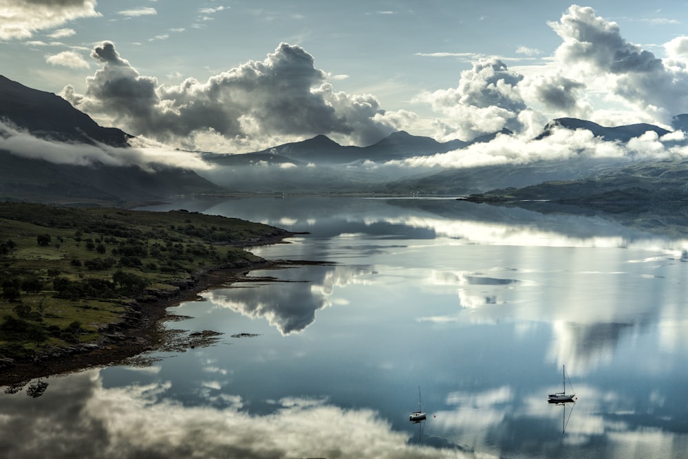 a body of water with a helicopter flying over it