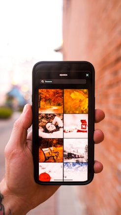A hand holding a smartphone displaying a search with the keyword 'Seasons'. The phone screen shows a grid of images related to different seasons, such as autumn leaves, a person lying in leaves, a bench, and a snowy train scene. The background is a blurred outdoor setting with a brick wall.