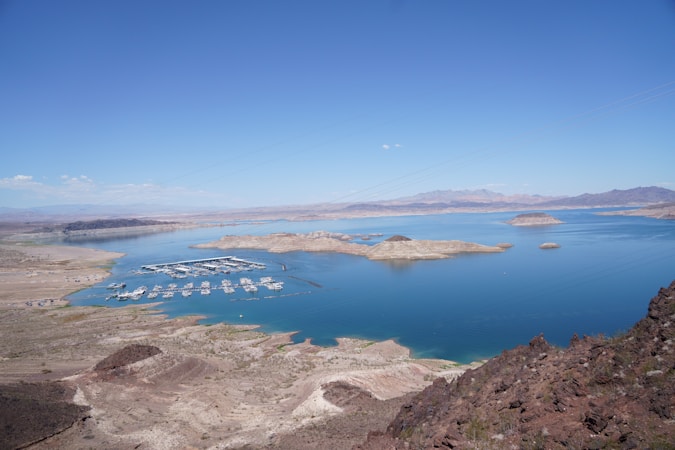 Wide view of Lake Mead water and desert shoreline near Las Vegas, the reservoir that supplies most of Southern Nevada