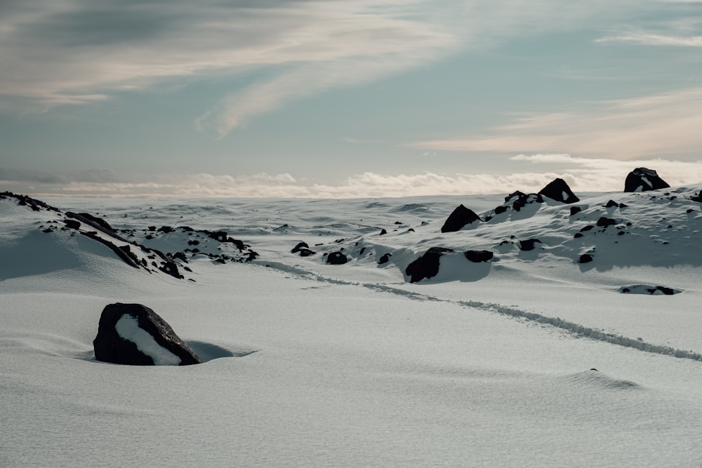 a snowy landscape with rocks