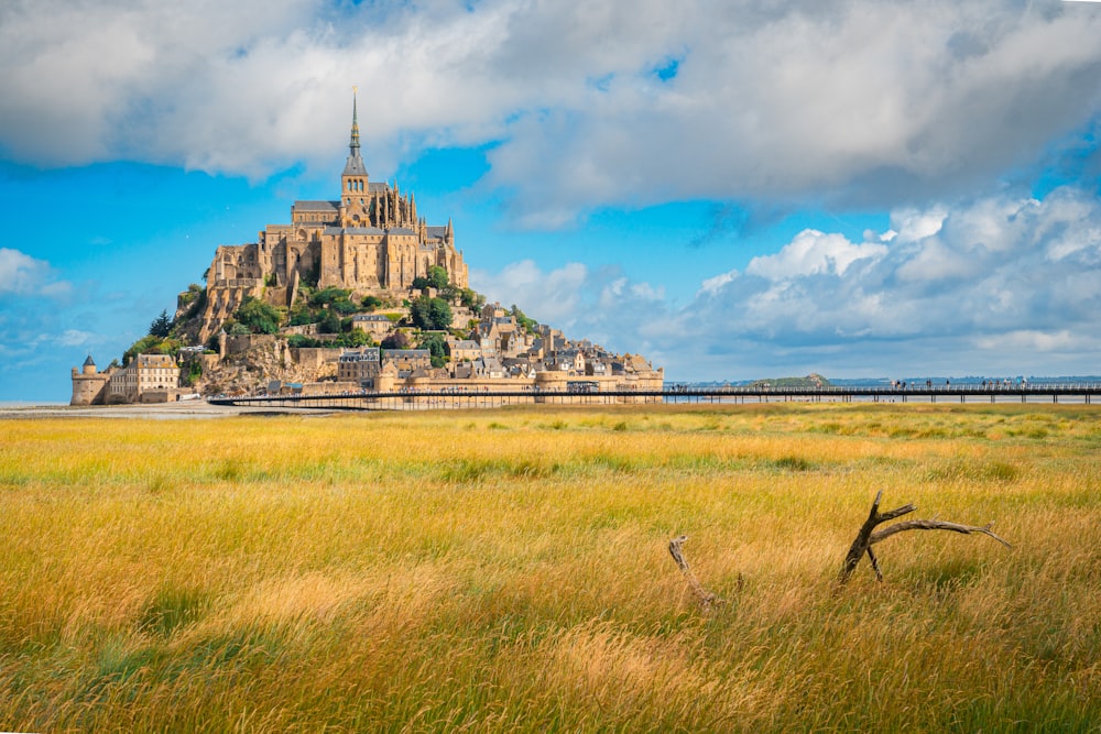 a castle on a hill with Mont Saint-Michel in the background