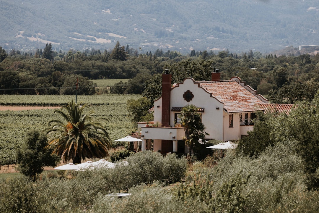 a house surrounded by trees,