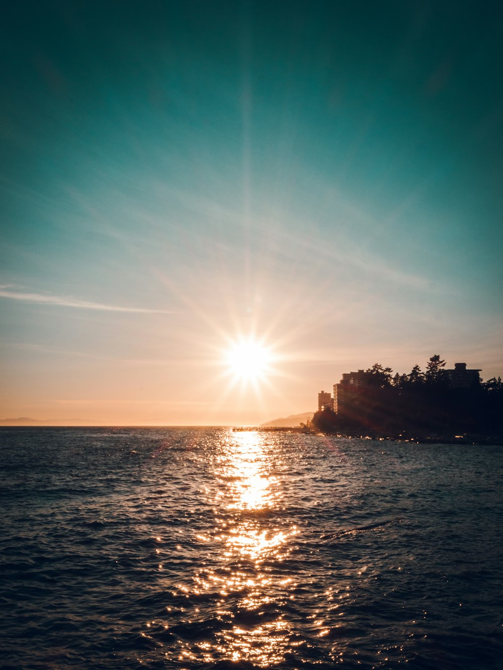 a body of water with a tree and a sunset in the background