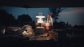 A dimly lit outdoor setting featuring a lamp on a table surrounded by various items, including a bottle, snack packaging, and a board game. The background reveals trees under a dusky sky.