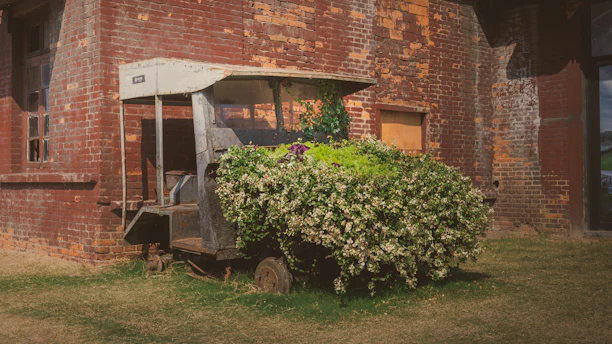 A rustic vintage wooden garden cart filled with blooming flowers against a sunlit garden backdrop.