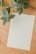 A wooden surface holds a blank sheet of paper accompanied by green leaves with intricate white vein patterns.