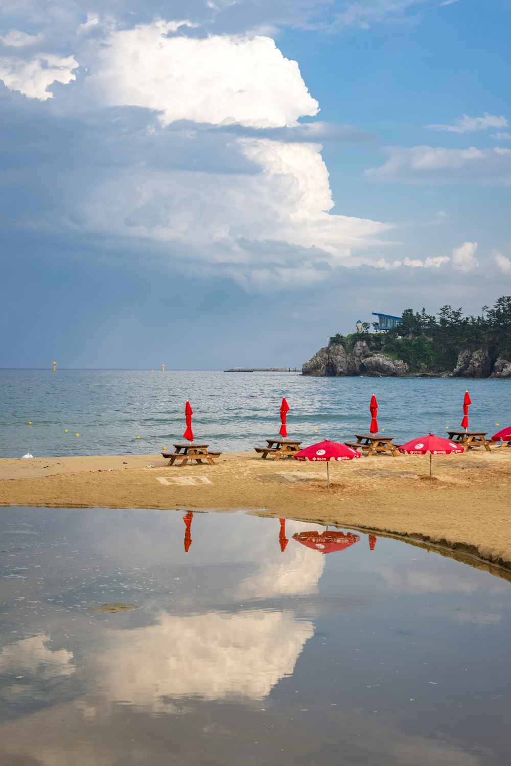 a beach with umbrellas