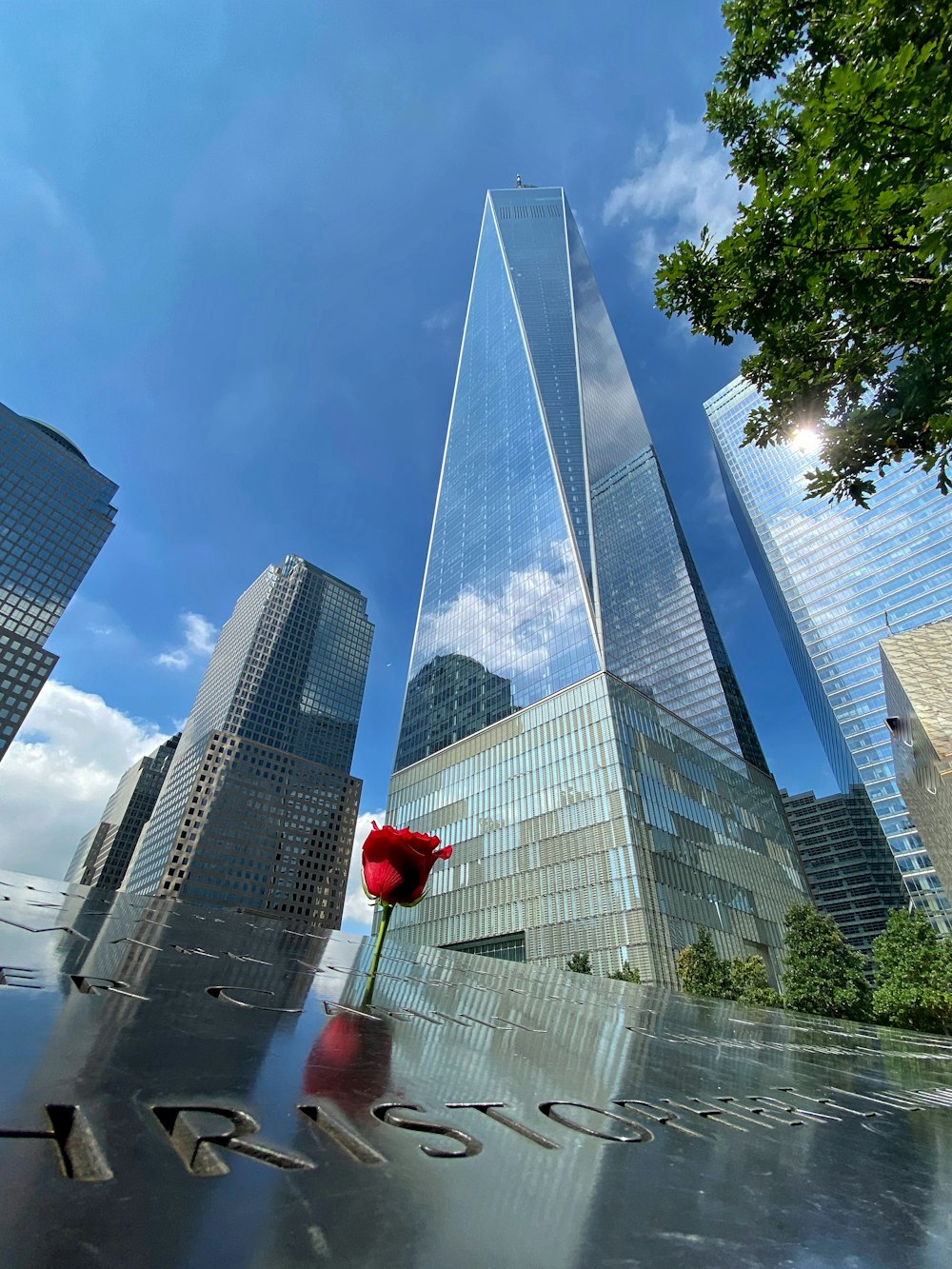 a large glass building with a flower in front of it