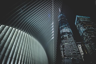 A futuristic architectural scene featuring the interior of a building with sleek, curved ribs and two adjacent skyscrapers with numerous lit windows against a night sky.