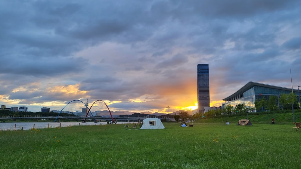 a grassy area with a body of water in the background