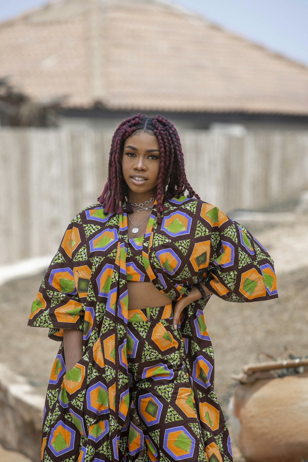 a woman in a colorful dress