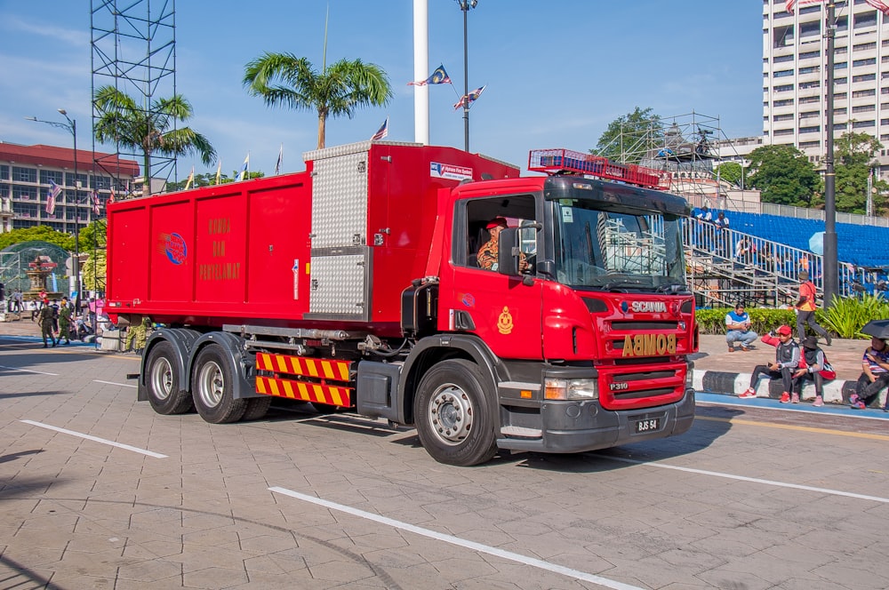 a red truck on the street