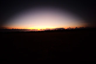 A serene landscape at twilight with dark silhouettes and a hint of violet in the sky.
