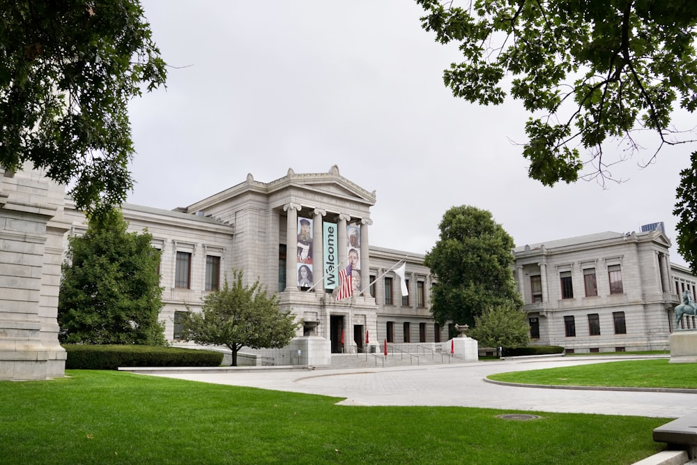 a building with flags in the front