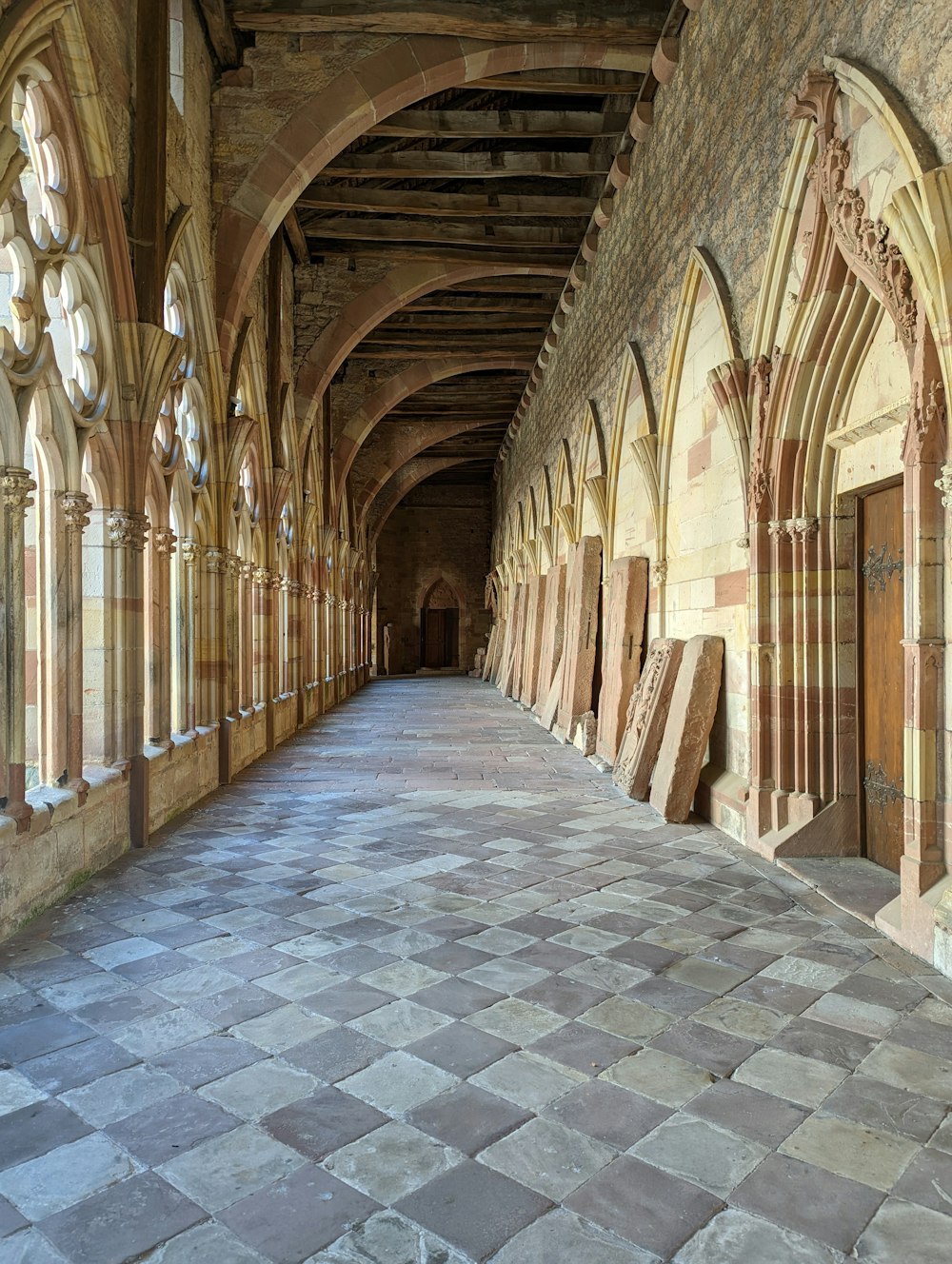 a stone walkway in a building