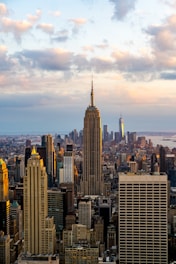 a city skyline with tall buildings