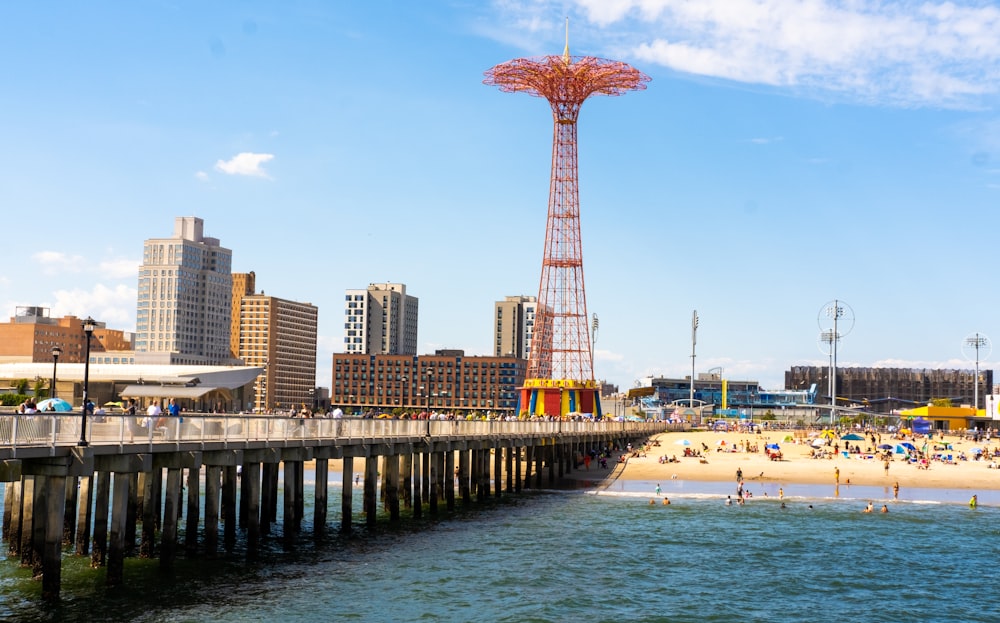 a beach with a tall tower