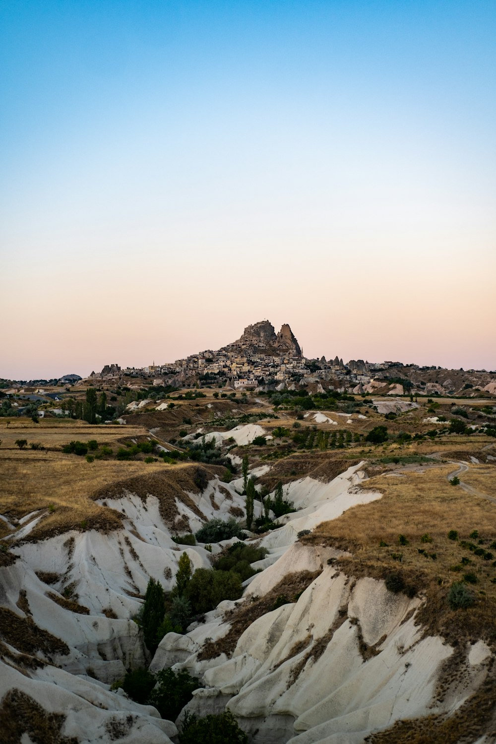 a rocky landscape with a mountain in the background