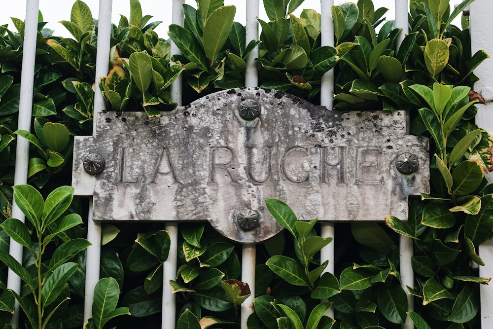 a sign in front of a bush