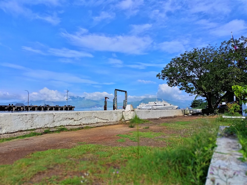 a stone wall with a stone wall and a tree and a building