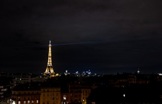 A picturesque scene of Paris with the Eiffel Tower illuminated at night.