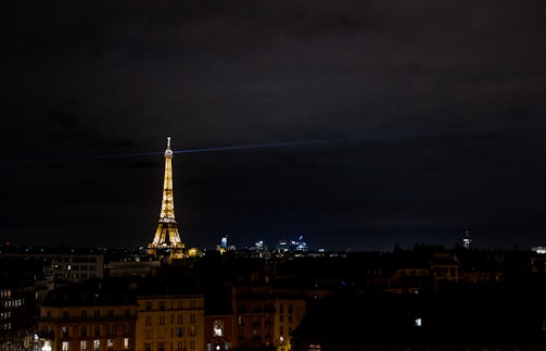 A picturesque scene of Paris with the Eiffel Tower illuminated at night.