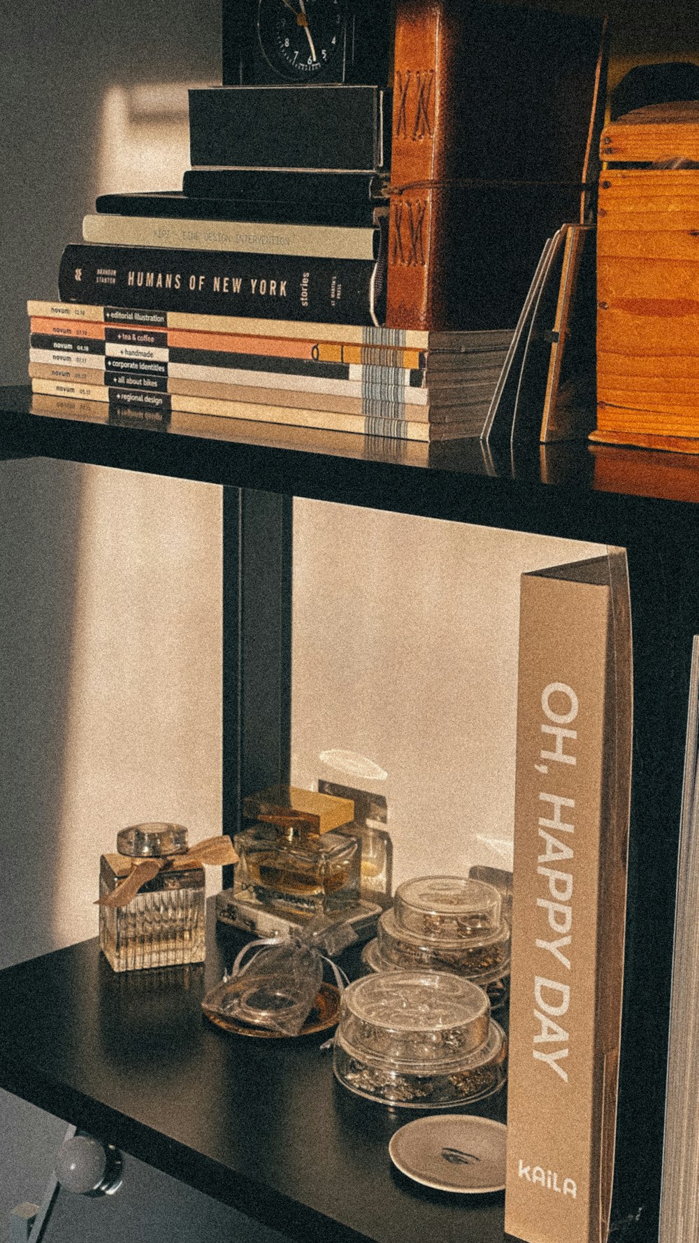 a shelf with objects on it