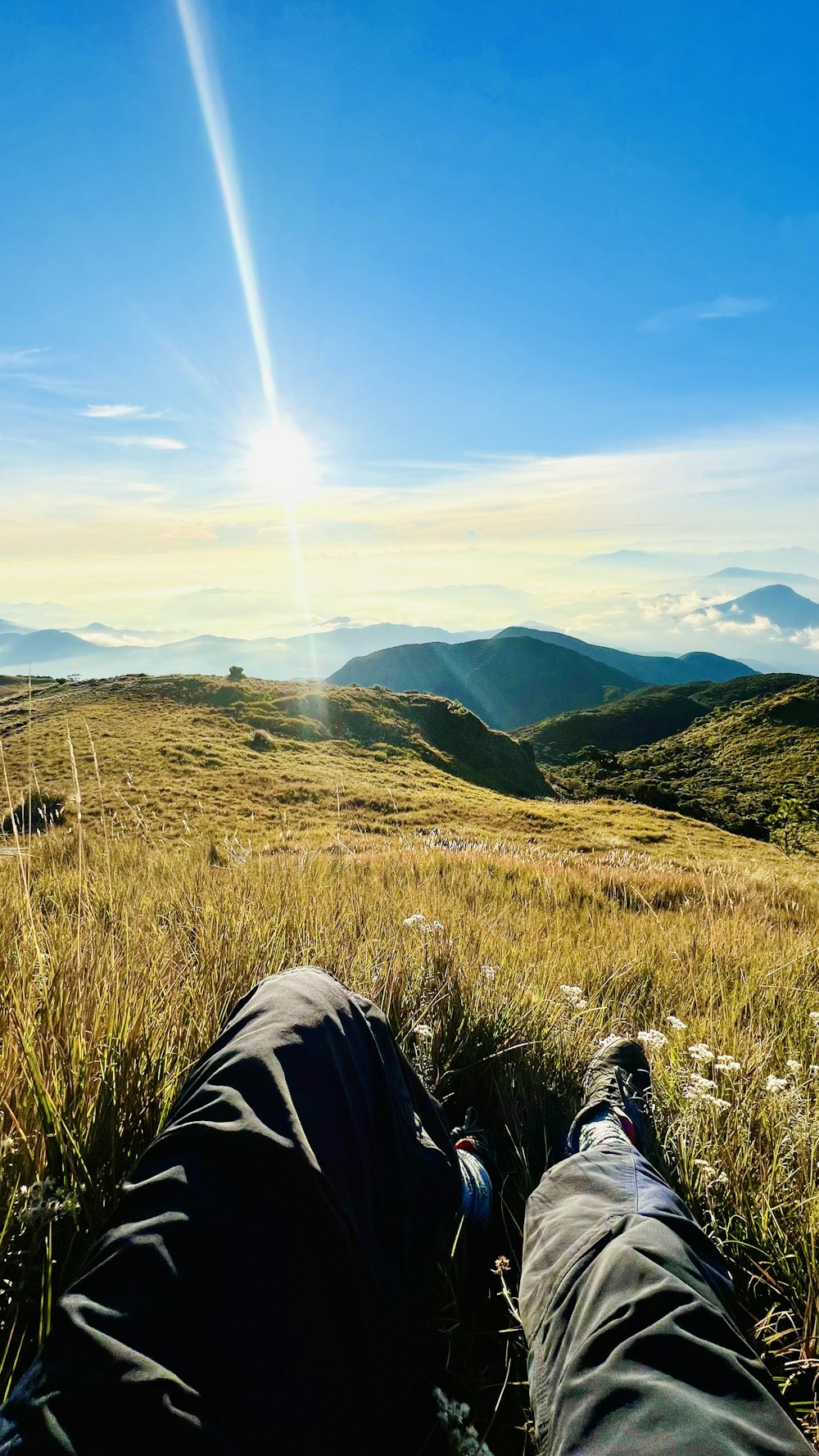 a person's legs in a grassy field with mountains in the background