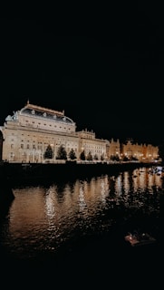 a large building with a moat