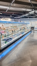 A supermarket aisle contains a long refrigerated display filled with various packaged products. Bright lighting illuminates the area, highlighting items such as meats and dairy. The floor is polished concrete, and a shopping cart is visible in the distance.