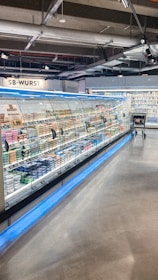 A supermarket aisle contains a long refrigerated display filled with various packaged products. Bright lighting illuminates the area, highlighting items such as meats and dairy. The floor is polished concrete, and a shopping cart is visible in the distance.