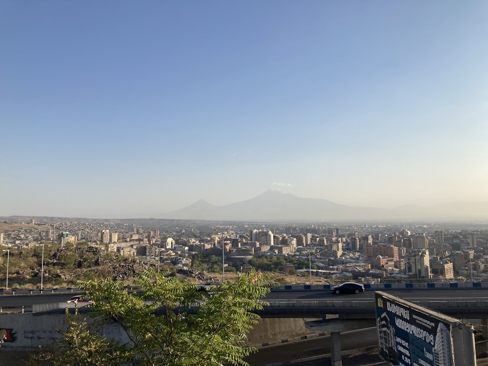 a city with a mountain in the background