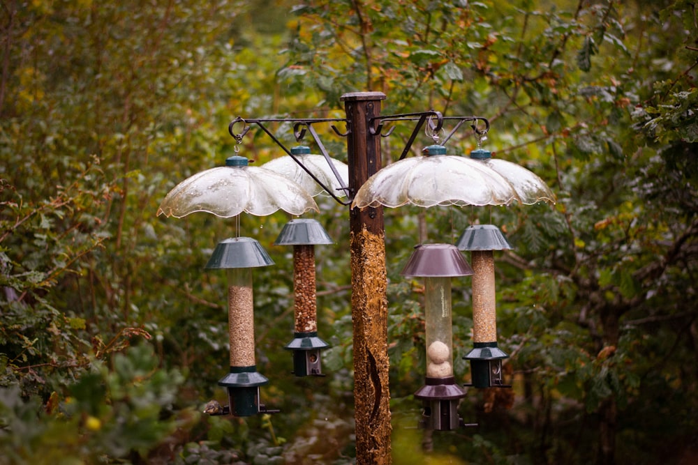 a group of raindrops on a metal pole