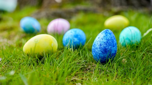 a group of colorful eggs in the grass
