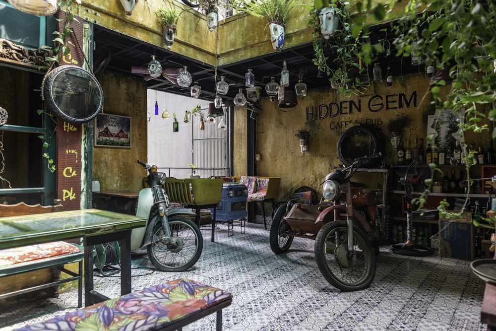 motorcycles parked in a shop