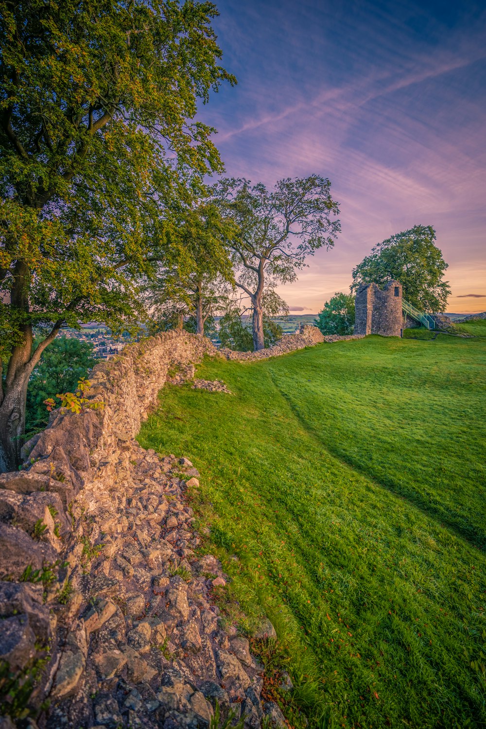 a stone wall with trees and grass