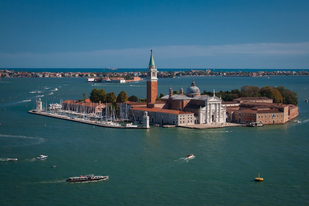 a large building on a dock over water