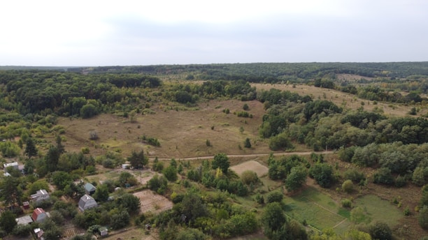 A panoramic view of a rural village landscape with houses and farmland.