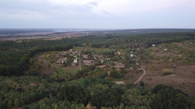 Aerial view of a rural landscape featuring a small village surrounded by dense forests and fields. The village consists of scattered houses and a network of dirt roads. The horizon is visible, with fields extending into the distance.