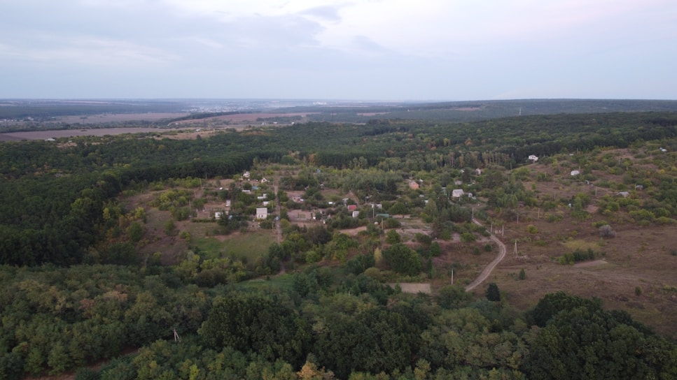 Aerial view of a rural landscape featuring a small village surrounded by dense forests and fields. The village consists of scattered houses and a network of dirt roads. The horizon is visible, with fields extending into the distance.