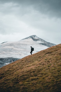 A lone hiker with a backpack is seen walking up a steep grassy hill. In the background, a snow-capped mountain peak stands under a cloudy gray sky, creating a serene yet dramatic landscape.