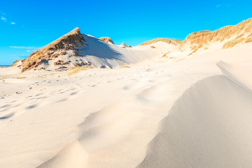 a sandy beach with a mountain in the background