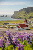 a red and white building with a red roof surrounded by purple flowers