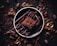 A rich, indulgent chocolate dessert is presented on a dark plate, drizzled with melted chocolate. Surrounding the dessert, several pieces of chocolate and cocoa beans are artfully scattered on a dark wooden surface, enhancing the image's decadent and luxurious feel.