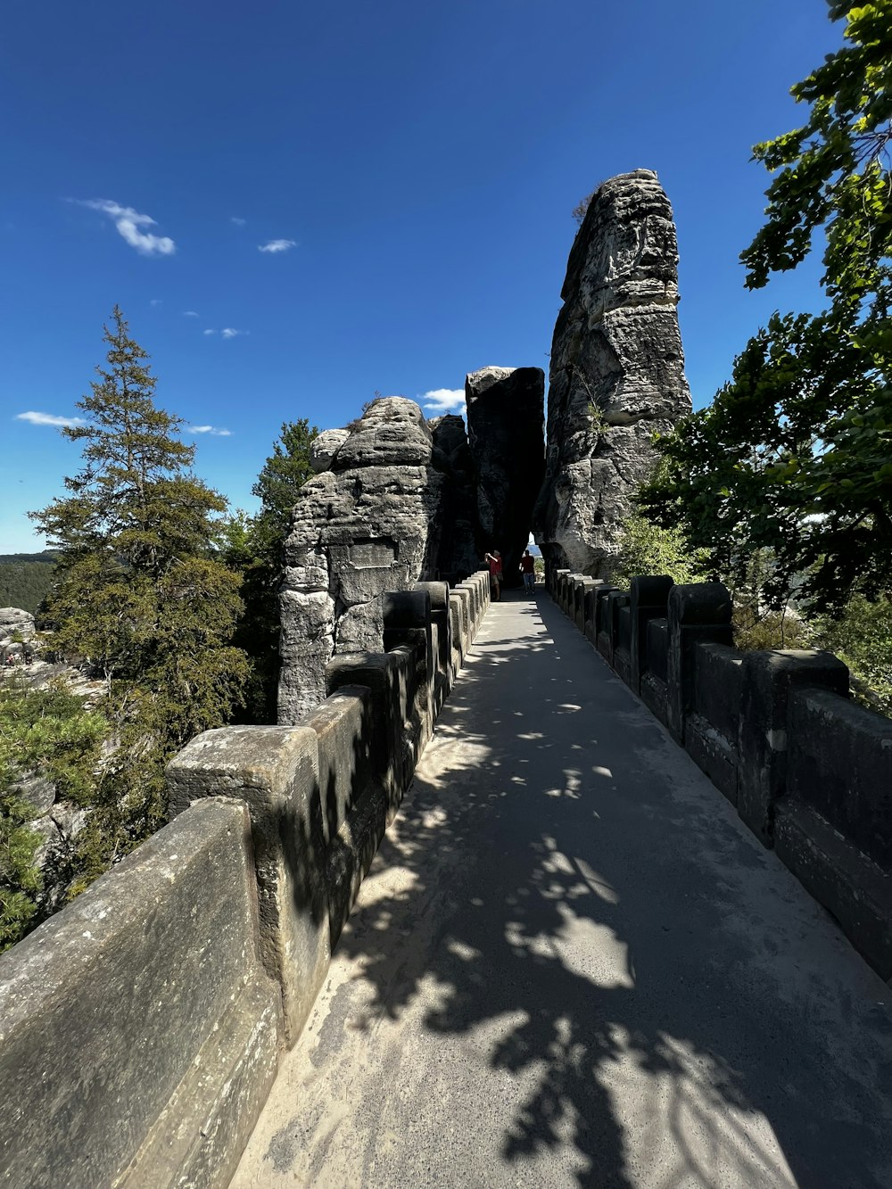 a stone walkway with a stone wall and trees on either side