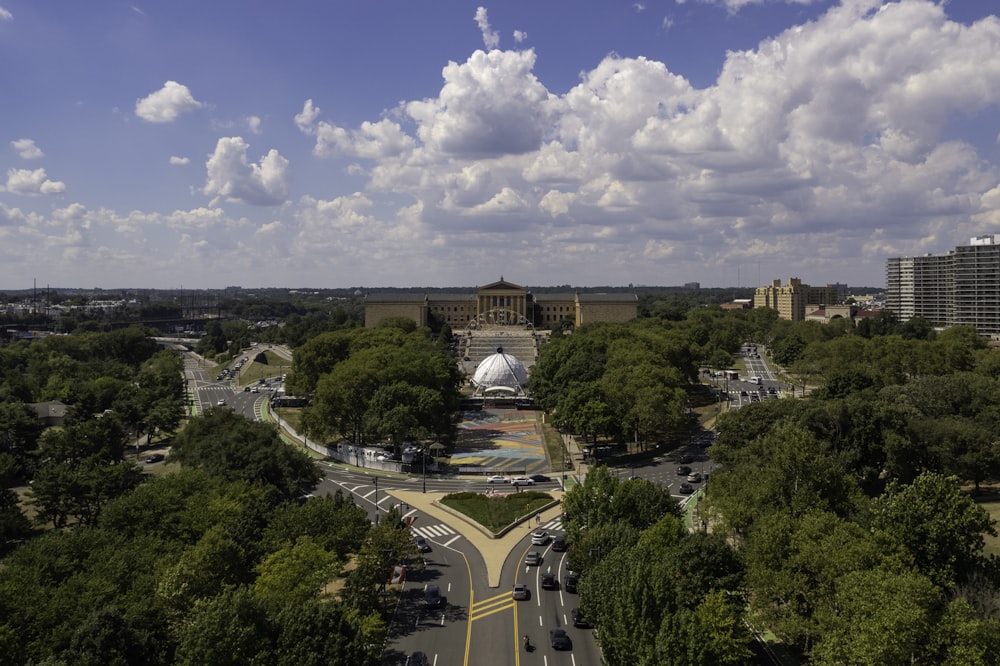 a city with trees and buildings