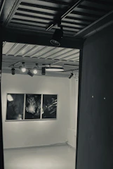 A close-up of vibrant abstract painting hanging in a dimly lit gallery room.