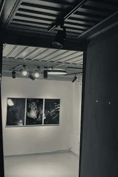 A dimly lit gallery room featuring three abstract black and white artworks displayed on a white wall. The ceiling has several spotlights focused on the artwork, casting subtle shadows in the room.
